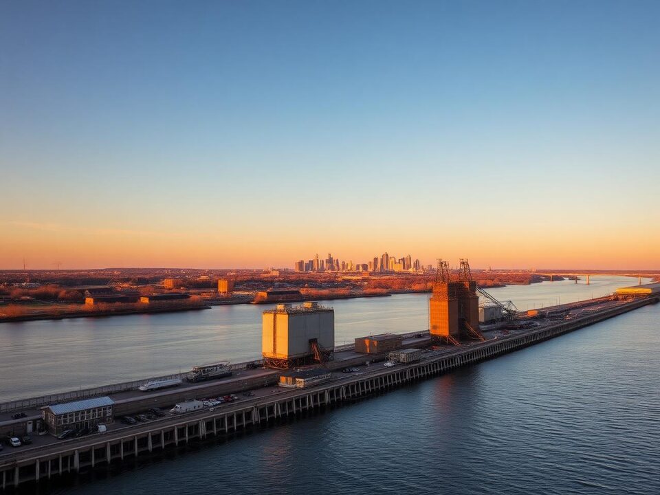Buffalo, New York waterfront at golden hour with grain elevators and the skyline beyond