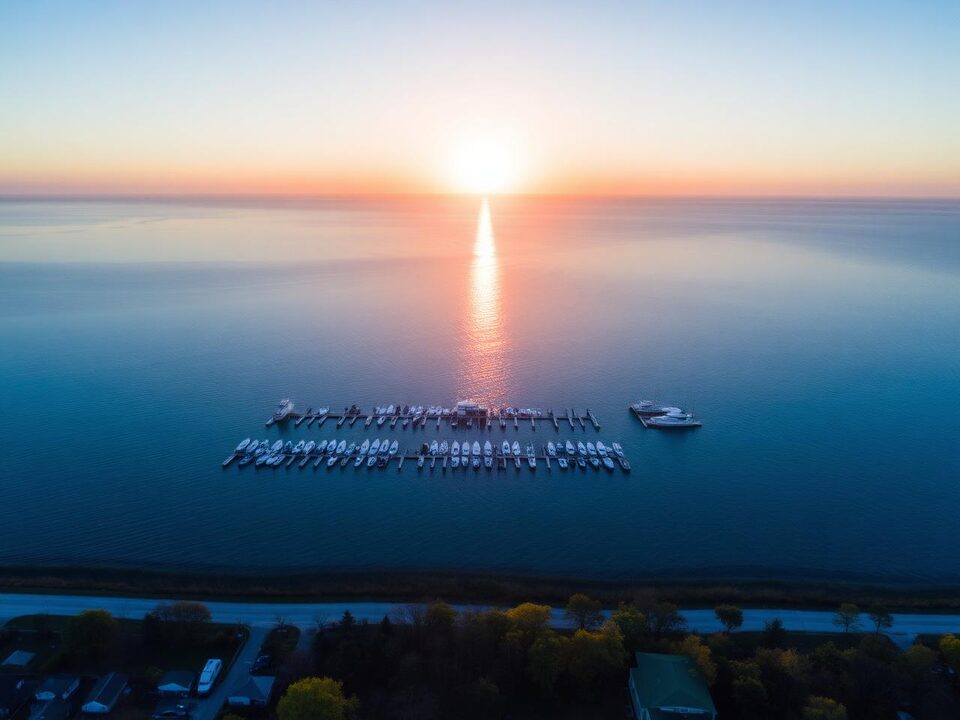 Sunrise over Lake St. Clair with marina docks and a low Michigan shoreline