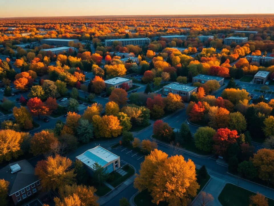 Aerial view of a leafy Detroit-area suburb in autumn with low office buildings