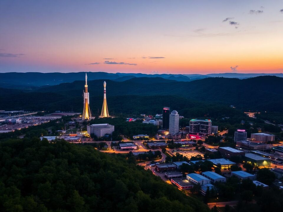 Huntsville, Alabama at dusk with rocket spires and green foothills behind the skyline