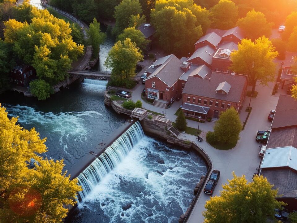 The Menomonee River falls beside a brick mill-town main street in warm morning light