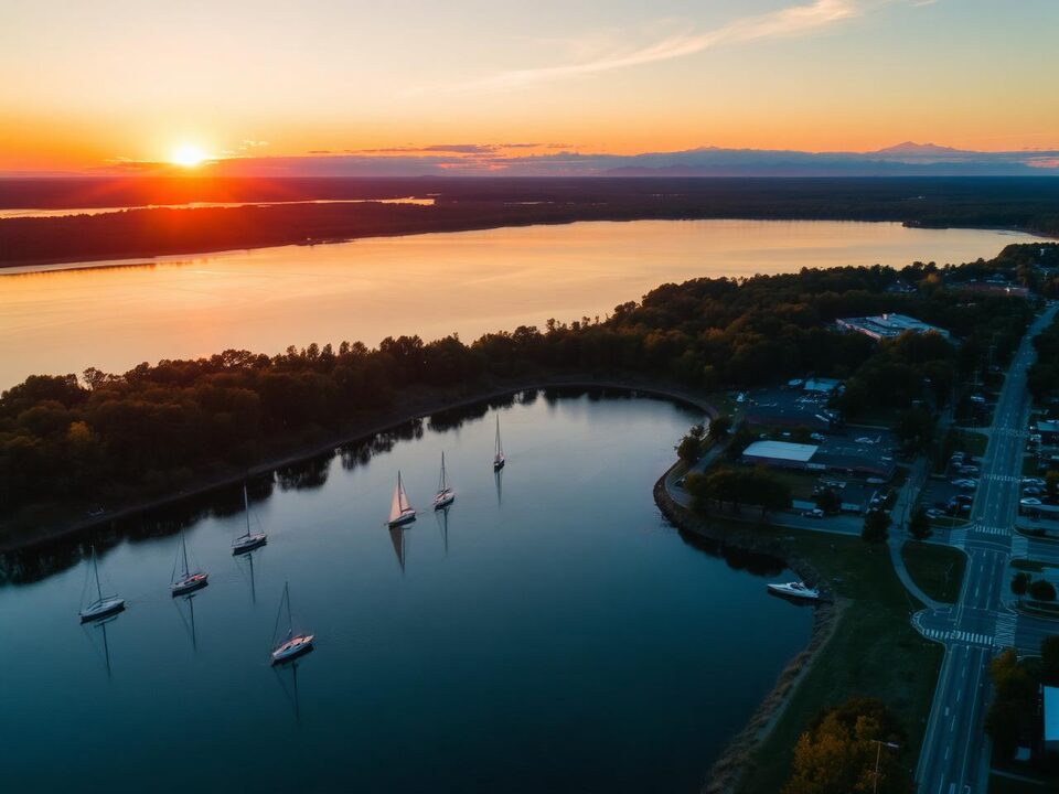 Lake Norman at sunset with sailboats and a pine shoreline in North Carolina
