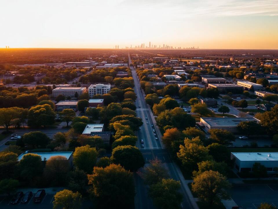 Aerial view of suburban Chicagoland at golden hour with the city skyline beyond
