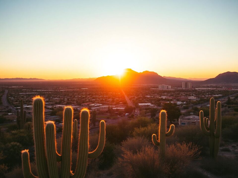 Saguaro cactus in the Sonoran desert at golden hour with the Phoenix skyline beyond