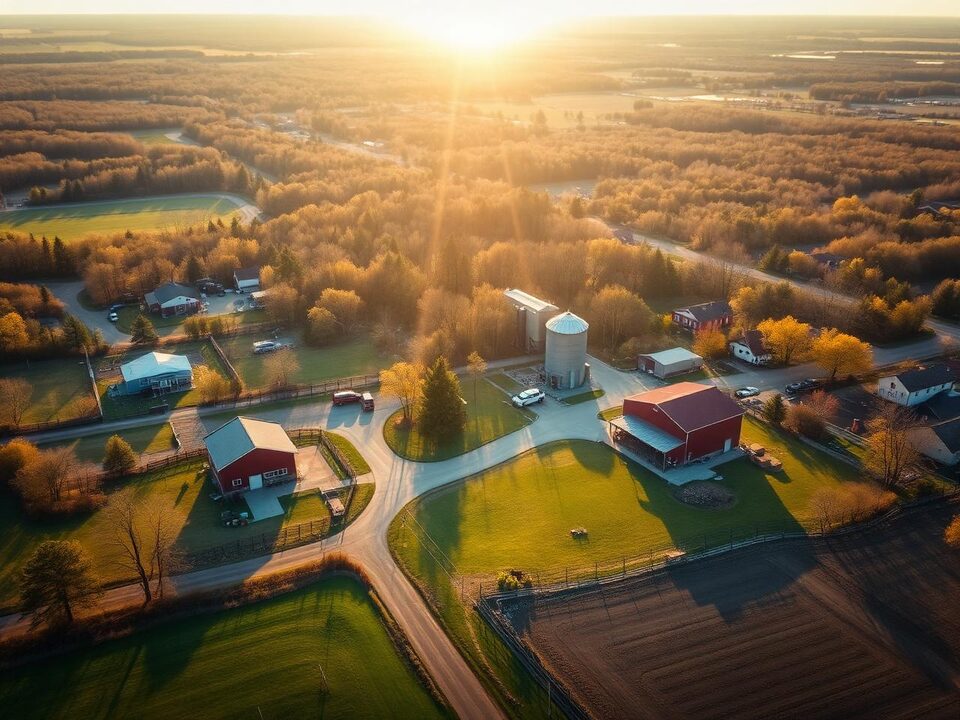 Aerial view of northern Indiana farmland and a small lake town in late-afternoon light