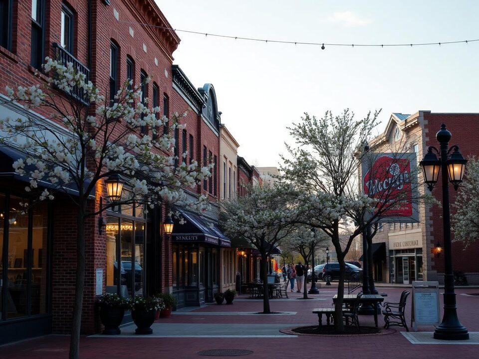 Historic downtown Plymouth Michigan with brick storefronts and flowering trees at dusk