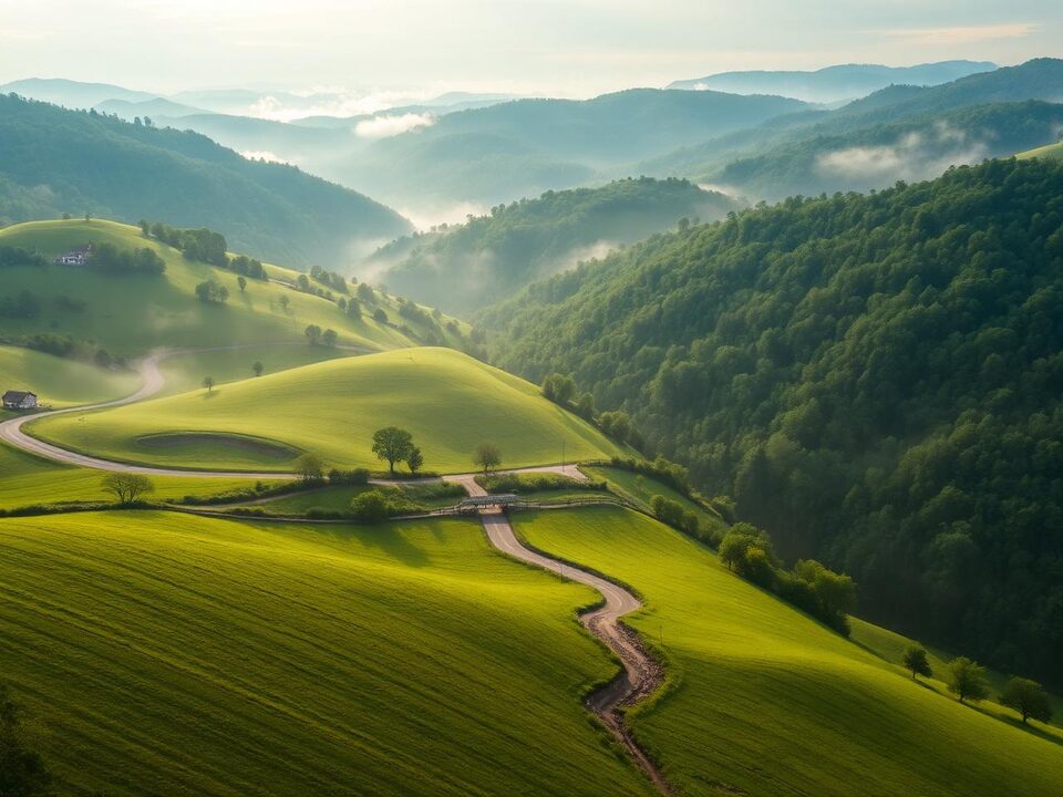 Rolling green northwestern Pennsylvania hills and creek valley in morning mist