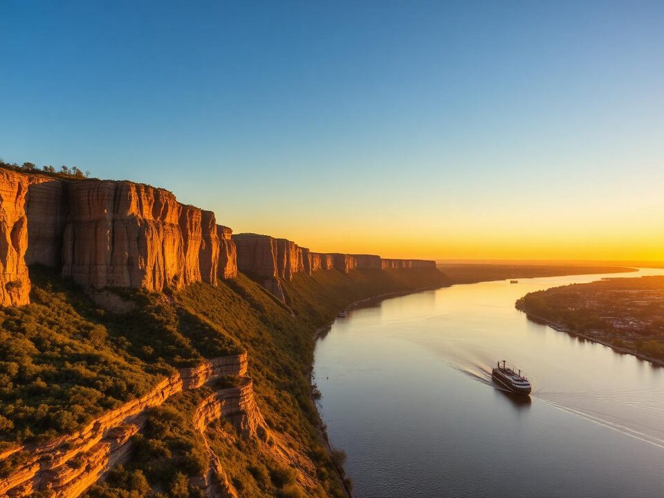Mississippi River bluffs at sunrise above a small Illinois river town