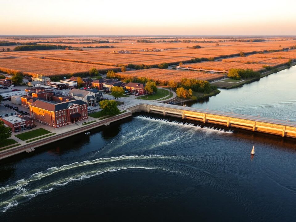 The Rock River and dam beside a small brick downtown surrounded by Illinois farmland