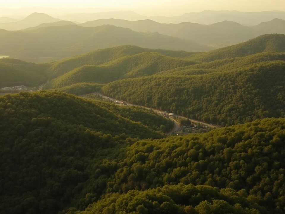 Green Alabama foothills and pine forest above a small southern town in hazy afternoon light
