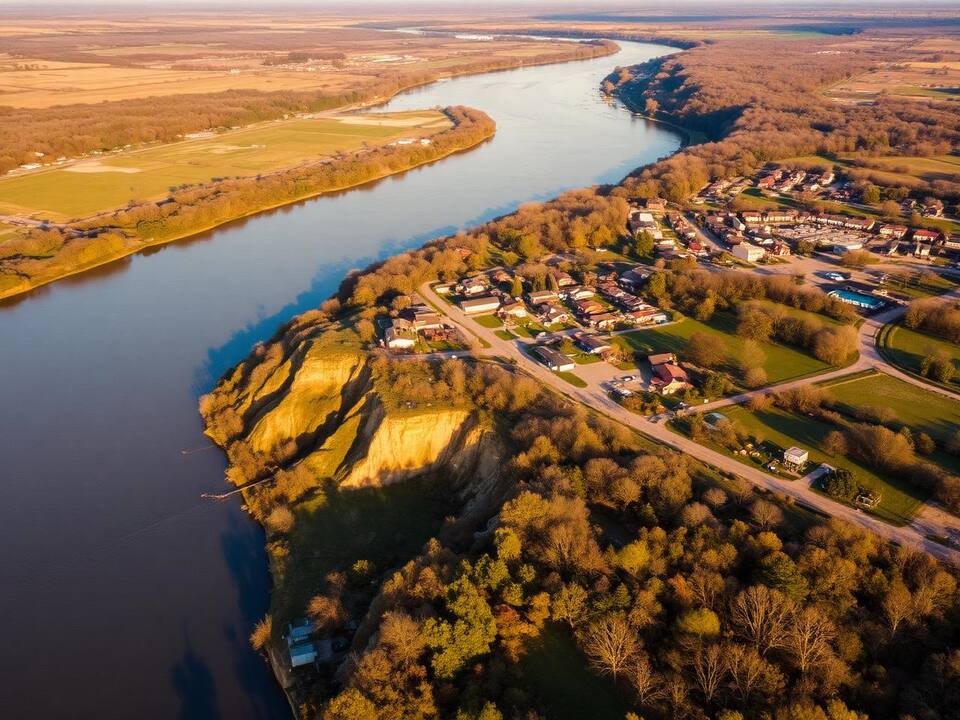 Rolling southern Wisconsin farmland and a small lake town in soft morning light
