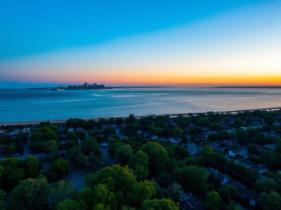 Lake Erie shoreline east of Cleveland at sunset with the skyline in the distance